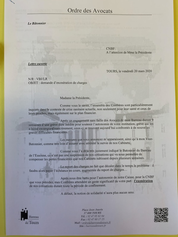 OrdreTours's tweet photo. #COVID19 #Avocats @CNBFrance
Lettre ouverte au CNBF- Prenez soin des avocats, vos cotisants- Nous appelons à votre soutien pendant la période de confinement par l'exonération de nos cotisations au cours de cette période. https://t.co/Cp22CjQ3NY