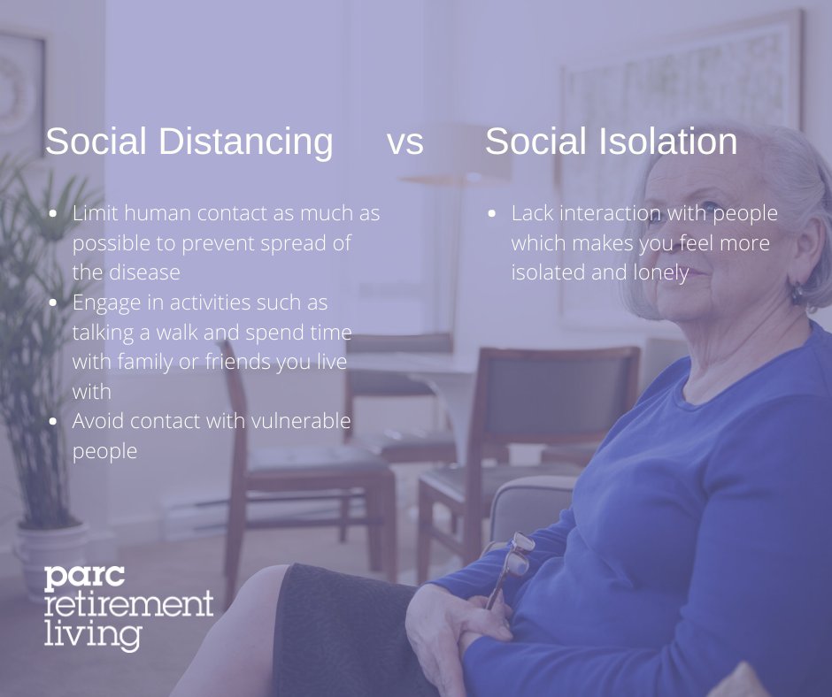 PARCLiving's tweet photo. What does social distancing mean and how is it different from social isolation? 

We encourage you to check in with your loved ones, especially seniors living alone. Spread kindness and reach out while maintaining social distance by picking up your phone or having a video call. https://t.co/CAYHOxwmkb