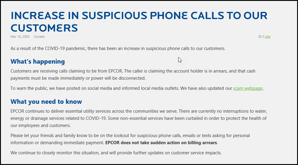 edmontonpolice's tweet photo. 🚨Fraud Alert🚨 Like many companies, @EPCOR has noticed an increase in fraudsters posing as employees. If you are contacted by someone claiming to be from EPCOR and threatening to disconnect your power if you do not pay, they are trying to take your money or personal information. https://t.co/AvjhnFcoke