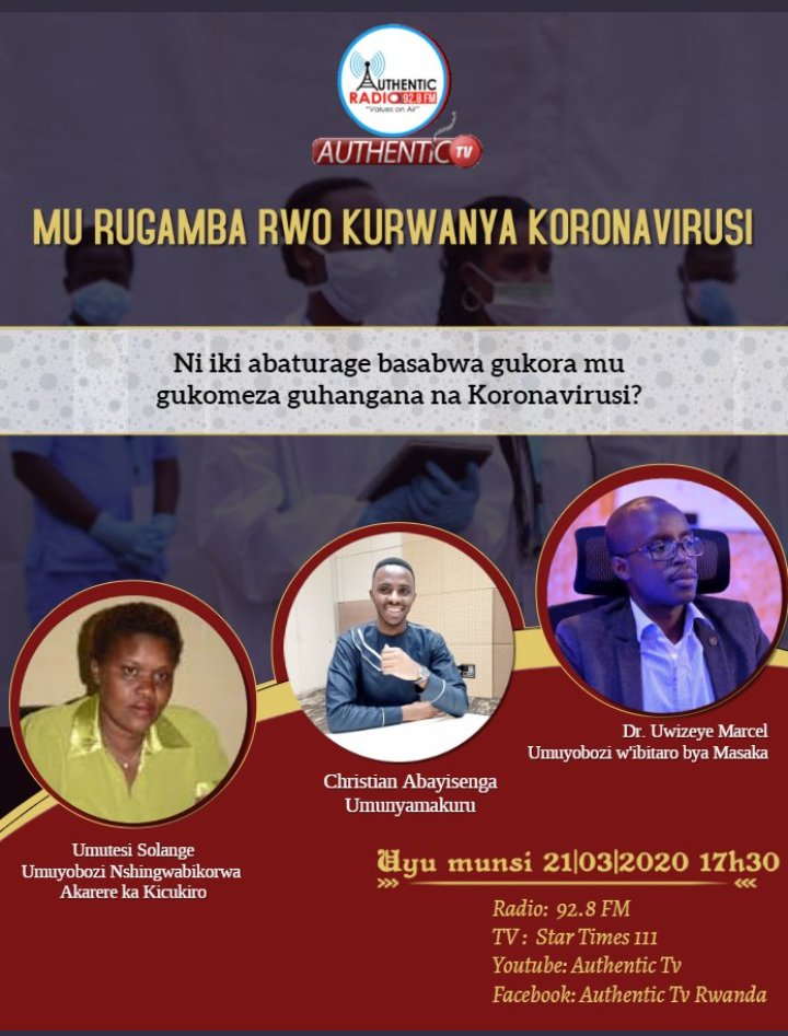 NYC_kicukiro's tweet photo. Tubararikiye gukurikira ikiganiro gitambuka kuri #AuthenticTv (shene 111 kuri StarTimes) na #AuthenticRadio 92.8FM mu kanya saa kumi n'imwe n'igice (5:30 pm).

Muri iki kiganiro, Ubuyobozi 
@KicukiroDistr
 buribanda ku ngamba bufite mu kurwanya #COVID_2019. https://t.co/EPN3fTGyyS