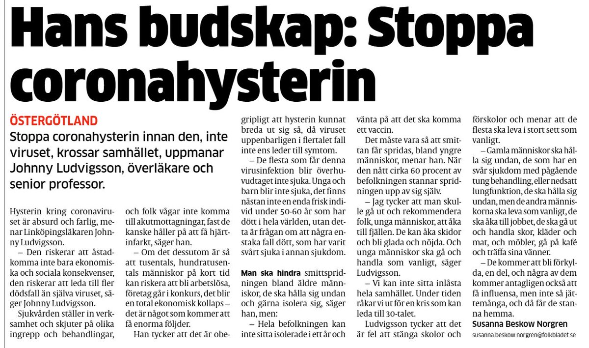 Det måste bli ett stopp för Corona-hysterin!! Samhället och människorna håller på att ta mer skada av medicinen vi använder för att stoppa viruset. Läs överläkarens egna ord:
#COVID19sverige #COVIDー19 #coronasverige #svpol