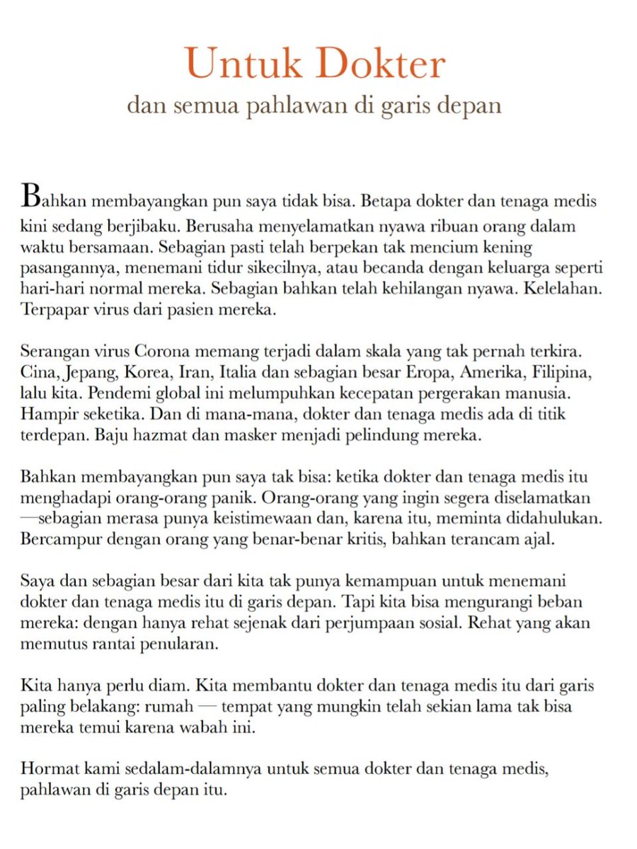 Sebuah apresiasi utk para pejuang kemanusiaan di masa krisis ini. Untuk Dokter dan semua pahlawan di garis depan. Tulisan dari Mas <a href="/BudiSetyarso/">Budi Setyarso</a>. 

#DiRumahAja
#BerkaryaDiRumah
#BelajarDiRumah