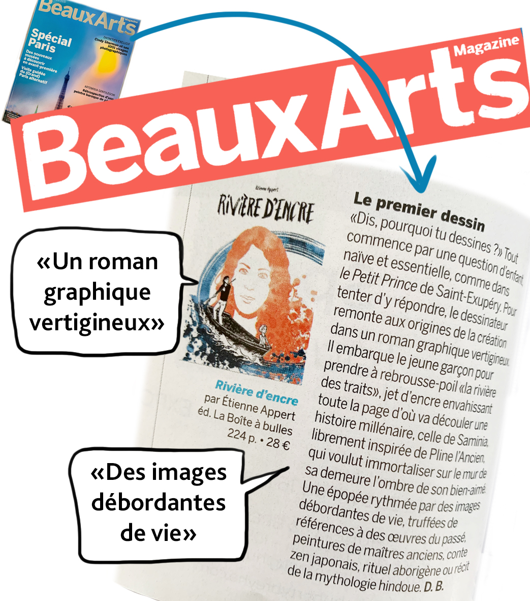 A qui disais-je le WE dernier que la vague d'articles autour de Rivière d'encre était retombée ? Belle surprise dans Beaux Arts Magazine !