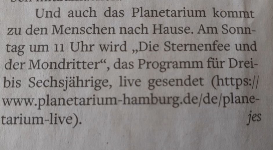 Beρнeρ (@derbephep) on Twitter photo Tolle Sache vom @PlanetariumHH
Erzählt es euren Freunden und Kindern!
Gerne teilen.
Vielleicht was für die <a href="/AstroZwerge/">@AstroZwerge@astrodon.social</a> ?
Hier der Link:
planetarium-hamburg.de/de/Planetarium… Tolle Sache vom @PlanetariumHH
Erzählt es euren Freunden und Kindern!
Gerne teilen.
Vielleicht was für die <a href="/AstroZwerge/">@AstroZwerge@astrodon.social</a> ?
Hier der Link:
planetarium-hamburg.de/de/Planetarium…