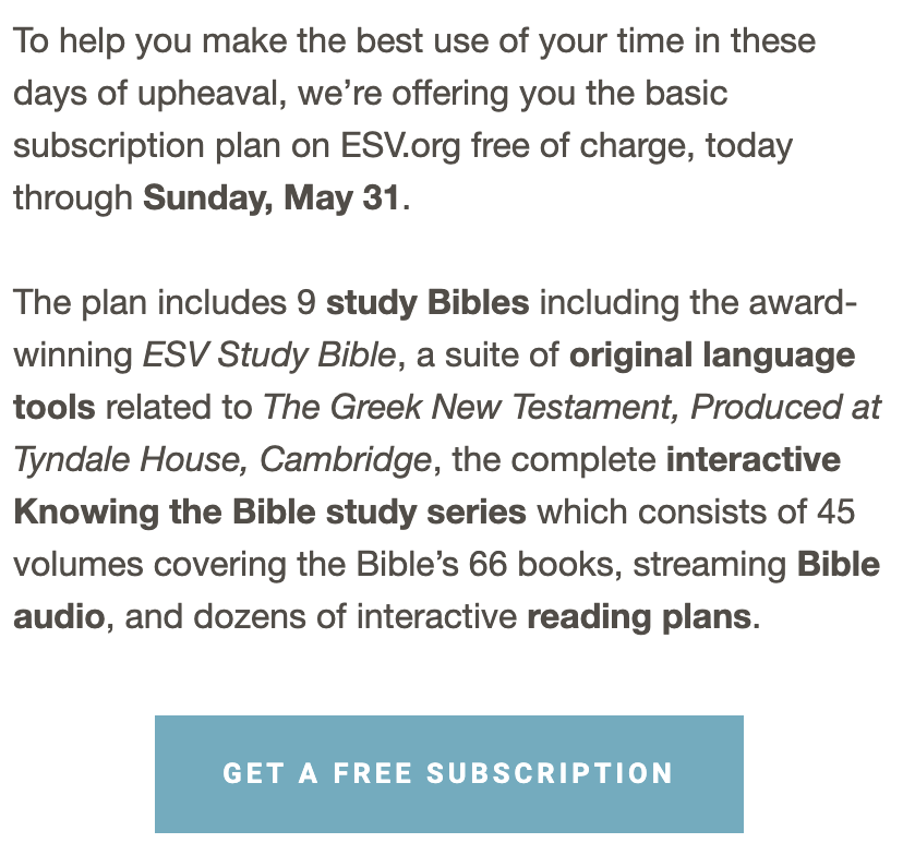 between2worlds's tweet photo. Crossway announces that they are offering free basic subscriptions to the incredible array of digital tools at https://t.co/wZoPnj7Rel until the end of May.

https://t.co/ZshTqi9cB0 https://t.co/QLDHzufexW