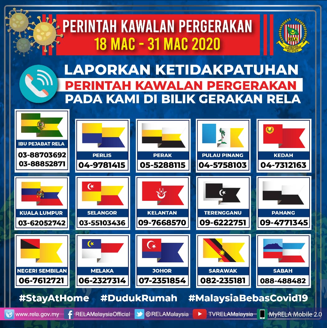 relasisptss's tweet photo. No Bilik Gerakan RELA di seluruh Malaysia. Anda boleh melaporkan ketidakpatuhan Perintah Kawalan Pergerakan di tempat anda..
#inforelasisptss
#covid2019
#relasisptss
#RELAPerlis
#RELAMalaysia
#KKM
#MKN
@MuhyiddinYassin
@kamarudin_rapig
@zulkifliabidin
@BudakKulimbb https://t.co/HEzUE46BiQ