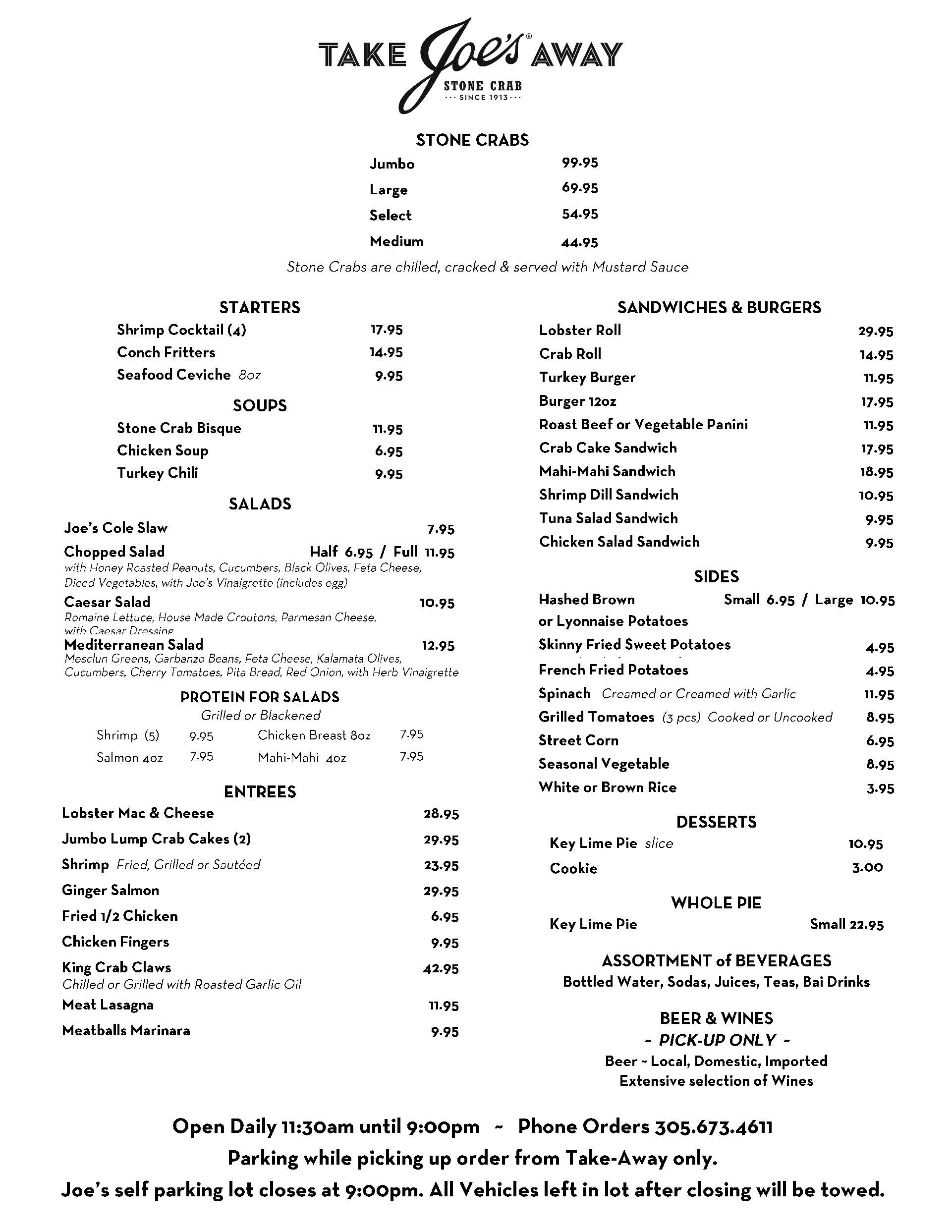 Joe's stone cheap crab menu
