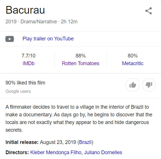 Also a side-note on Bacurau: genuinely confused by the plot synopsis I keep seeing everywhere which is not what the movie is about.