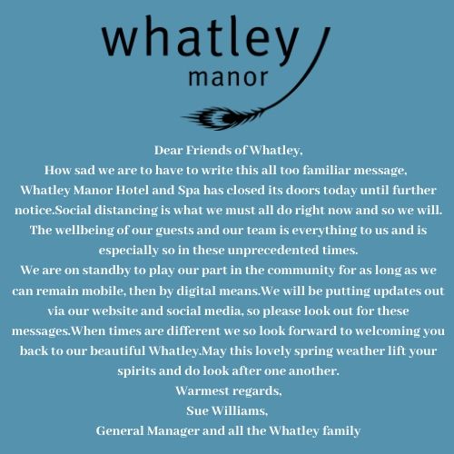 Whatley_Manor's tweet photo. It is with a heavy heart we have made this decision, we look forward to opening our doors again when the time is right. Until then follow our news &amp; updates across our social channels #allunited #BeStrong #StandTogether https://t.co/Xs25AoZdHC