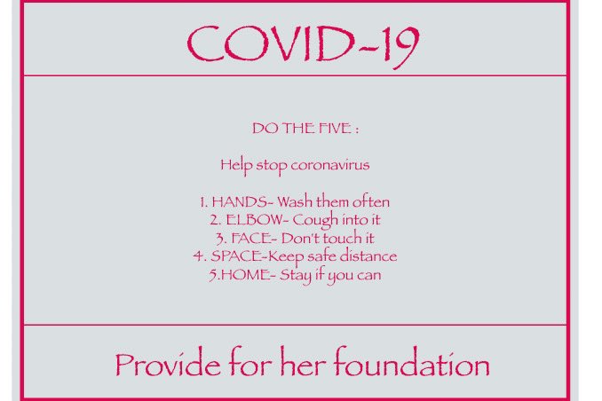 provideforher's tweet photo. Help stop coronavirus by doing the following: 
#Covid_19 #CoronavirusInSouthAfrica #BeSafeEveryone #provideforherfoundation https://t.co/RDp6i7nrdW