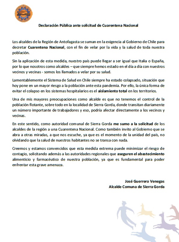 JoseGuerrero_sg's tweet photo. 🆕Mi mayor preocupación como alcalde es que nuestr@s vecin@s de #SierraGorda y #Baquedano no se vean afectad@s por esta grave amenaza del Coronavirus #Covid_19. Por ello, me sumo a la solicitud de una Cuarentena Nacional para el reguardo de nuestra comunidad. https://t.co/YGRcDqY7VG