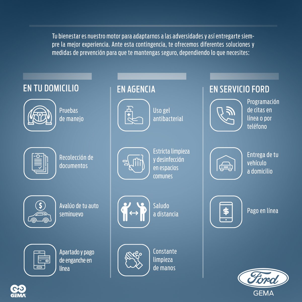 FordGema's tweet photo. Ante los acontecimientos derivados al virus COVID-2019 compartimos las siguientes recomendaciones y medidas a
para procurar el bienestar de nuestros clientes y colaboradores.

Cuidémonos entre nosotros.👨‍⚕️✨ https://t.co/RAEs58BZMT