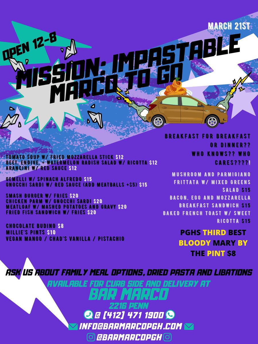 when the going gets tough, the tough gets to-go. we’re here til 8. call/text 4124711900.