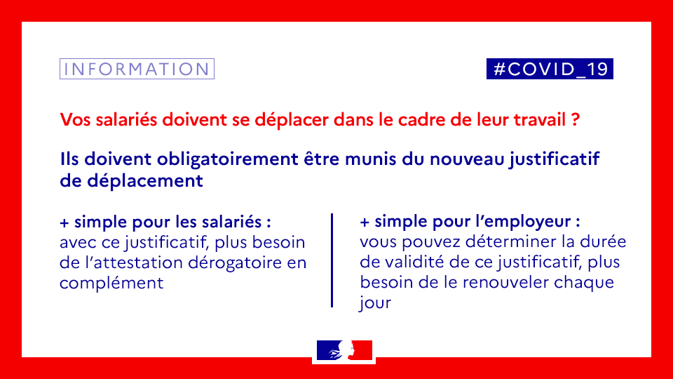 gouvernementFR's tweet photo. #CORONAVIRUS #COVID19 | ⚠️ Nouvelle attestation pour les déplacements professionnels
+ simple pour les salariés : une seule attestation nécessaire
+ simple pour l’employeur : durée de validité au choix (pas de renouvellement quotidien)
Plus d'infos sur 👉 https://t.co/ZSZETPFTeG https://t.co/85bqESrTAu