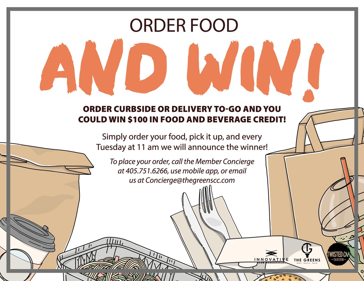 TheGreensCC's tweet photo. Order Food &amp; Win! Order curbside or delivery to-go and you could win $100 in food and beverage credit!  
•Award winning cuisine 
•20% off food &amp; beer for all Members with Curbside pickup!
•Available on Doordash for Everyone 
•Call 405.751.6266 to place your order https://t.co/Rcg5u2fKrL