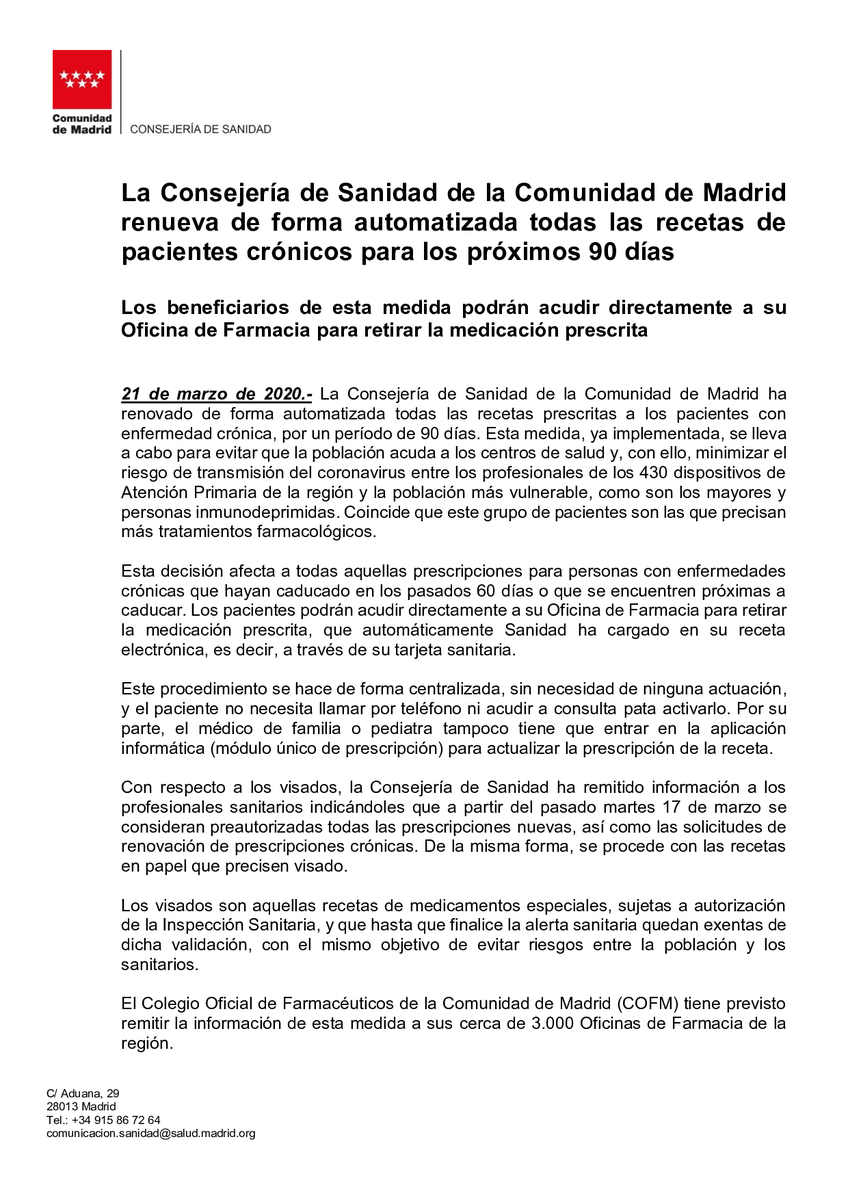 SaludMadrid's tweet photo. La Consejería de Sanidad de la @ComunidadMadrid renueva de forma automatizada todas las recetas de pacientes crónicos para los próximos 90 días

#QuedateEnCasa #YoMeQuedoEnCasa #CoronavirusMadrid #CoronavirusEspaña #CoronavirusESP https://t.co/rdYQPKaVyT