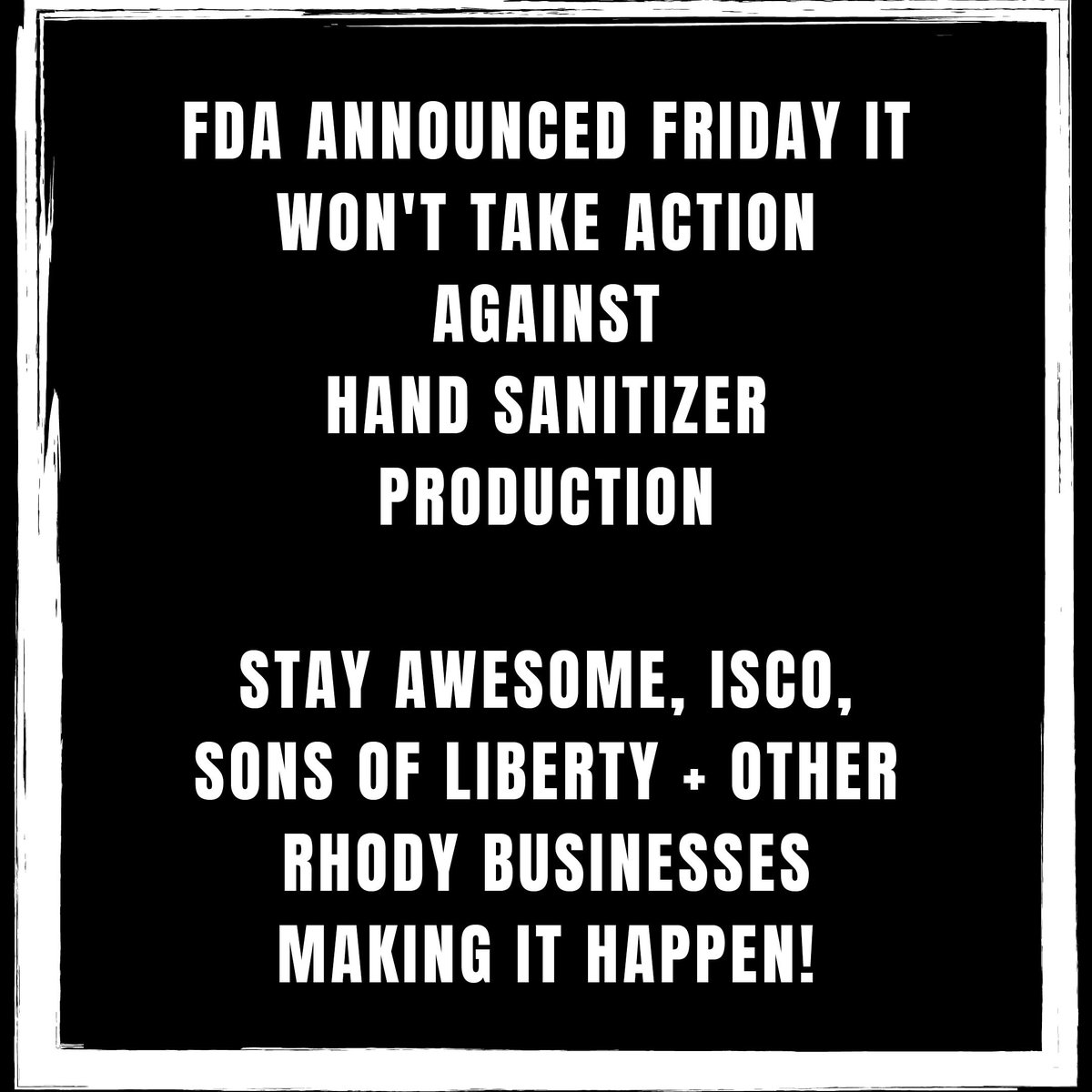 Howell_Legal's tweet photo. @US_FDA announced it won't take action against hand sanitizer production. Stay awesome, The Industrious Spirit Company, Sons of Liberty + other Rhody businesses making it happen! #rhodeislandstrong https://t.co/YawMwoTcJY