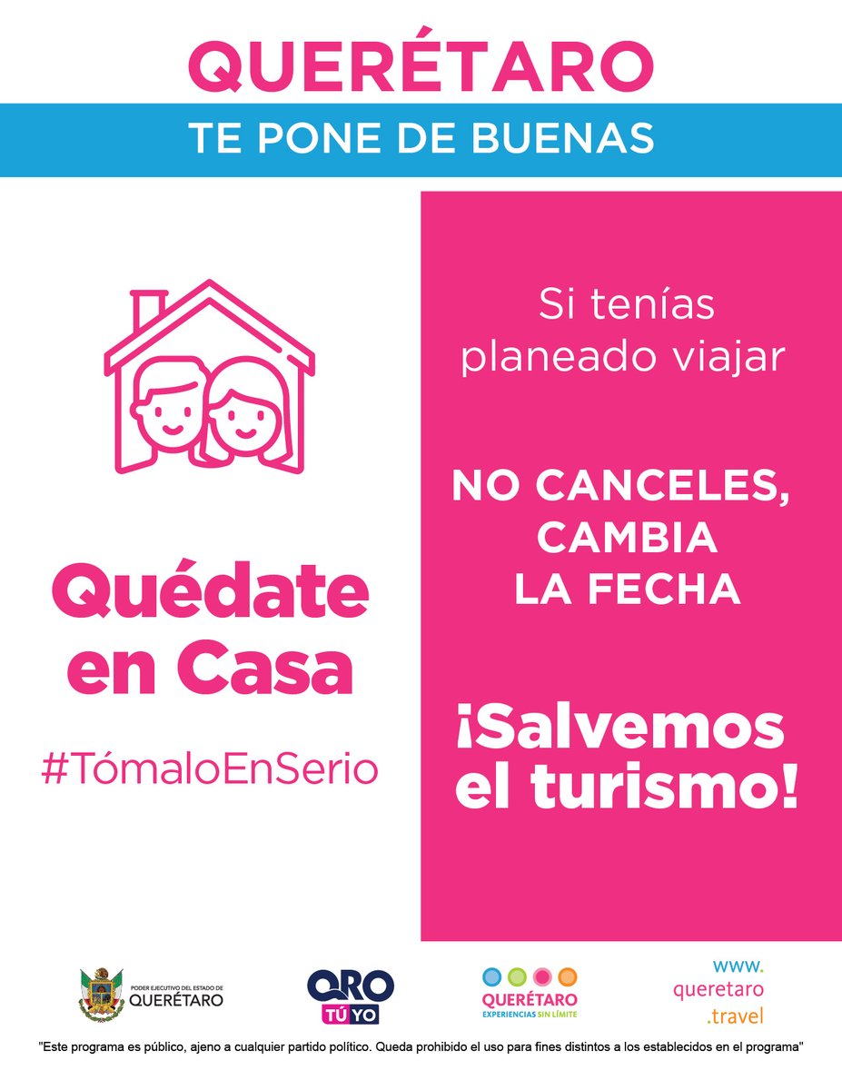 Hugo_BurgosG's tweet photo. Es momento de estar en casa. Ayúdanos a salvar al turismo. No canceles tu viaje a Querétaro, cambia la fecha.
#TómaloEnSerio #QROTUYO https://t.co/0ZLBkBFB3X