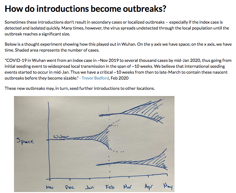 Places now aware of outbreaks that started weeks ago. "We believe that intl seeding events started to occur in mid-Jan. Thus we have a critical~10 wks from then to late-March to contain these nascent outbreaks before they become sizable"-Trevor Bedford,Feb  https://nextstrain.org/narratives/ncov/sit-rep/2020-03-20?n=9