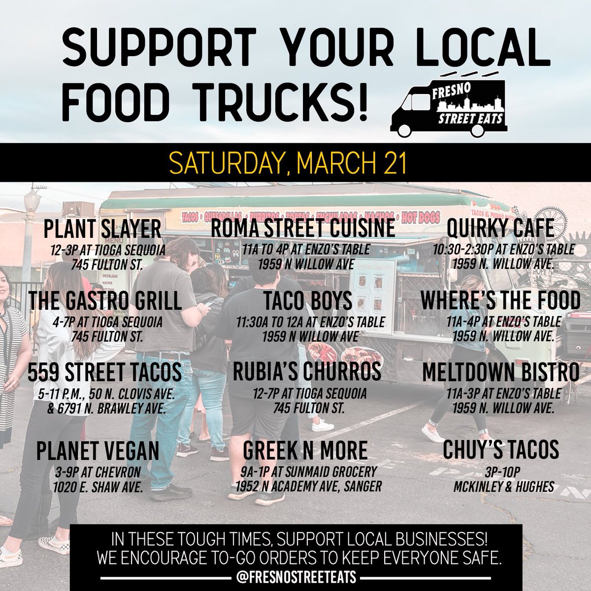 fresnostreeteat's tweet photo. Where to find your fave food trucks today ๐ค
#SupportLocalFoodTrucks https://t.co/FxvuaqPQRk