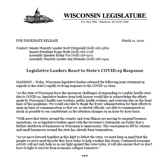 SpeakerVos's tweet photo. Leaders of the #Wisconsin State Legislature released the following statement concerning the COVID-19 public health emergency. #slowthespread https://t.co/N289RF6RxT