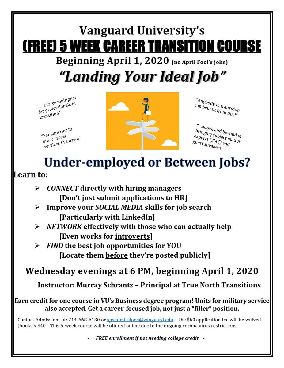 mschrantz48's tweet photo. FREE Vanguard Career Transition Course (Online) - April 1-29, 2020 https://t.co/JiVDhcRvfZ