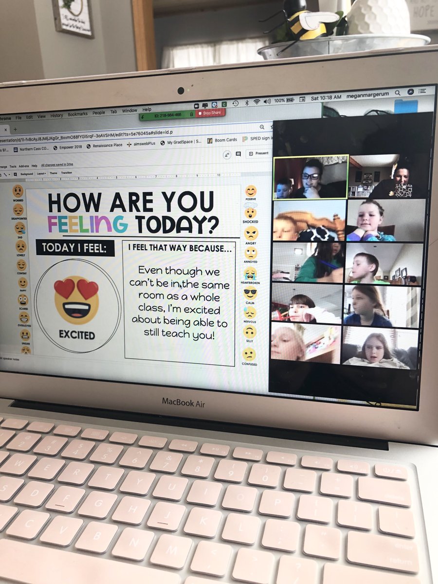 MeganMargerum's tweet photo. Beautiful Saturday morning with my learners! Zooming in our jammies and checking in with a #restorativecircle #teachingfromhome #StayAtHome #ncsmiles #learningfromhome #teachingwithzoom #socialemotionallearning @zoom_us Find this amazing resource @TpTdotcom #teachcreatemotivate https://t.co/MEJ8hG2YOH