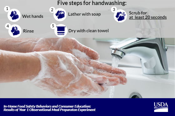 USDAFoodSafety's tweet photo. Nearly every person who attempted to wash their hands during meal prep in our recent study did it wrong. Don't make the same mistakes they did. Use ALL 5 steps for effective handwashing. #FoodSafety https://t.co/JXFbiTiDyY
