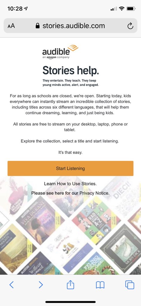 HeyMrsCopple's tweet photo. Amazon’s audio book company, Audible, has set TONS of audiobooks to FREE & available for instant streaming for kids. If you have an amazon account, just dl the audible app & login. If you don’t, create a free account & listening away!🎧📖❤️ @audible_com @amazon #storieshelp #read https://t.co/GDGrIcvlsc