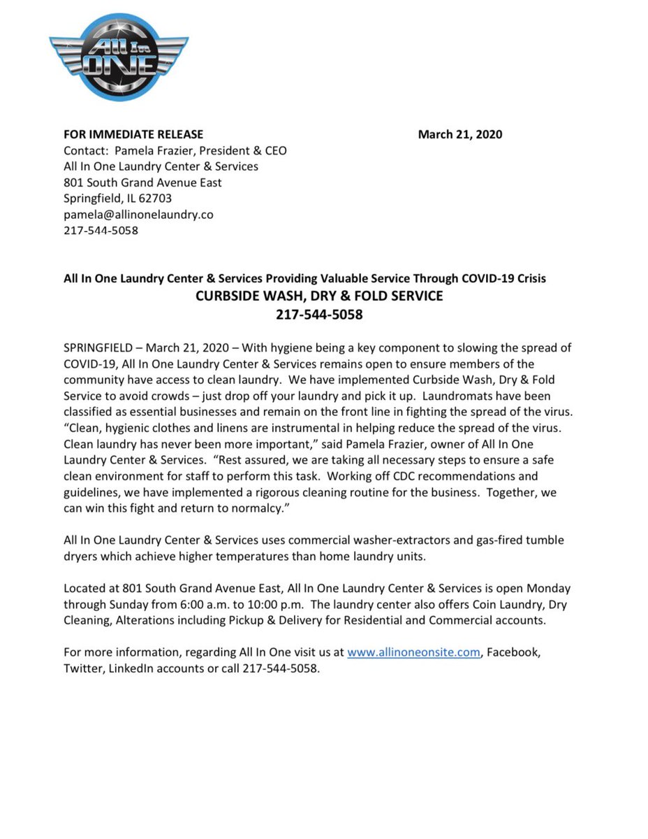 All In One Is Providing Valuable Service Through COVID-19 Crisis CURBSIDE WASH, DRY &amp; FOLD SERVICE.  217-544-5058