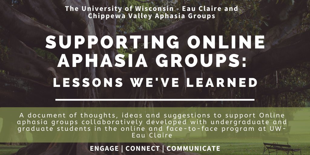 We have developed a document summarizing our online aphasia group experiences since we started doing online  #aphasia groups nine months ago. This document is a collaboration with UG and Grad online and F2F students at  @UWEauClaire in the  #CSD648 class.  https://bit.ly/3a5zj5Q  1/