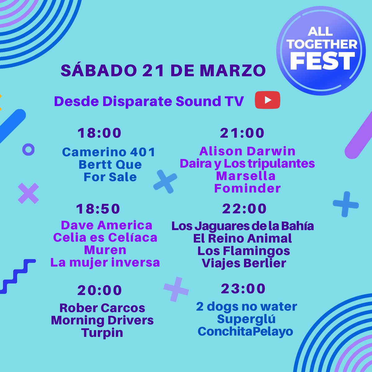 A las 18 horas de hoy todos delante del sofá 🛋💻📺🙌🏼🎸🥁
Comienza el festival online ALL TOGETHER FEST para llenar de buena música este sábado y hacer más llevadera la cuarentena.
Suscríbete en nuestro canal de YouTube para no perderte nada 👇🏻👇🏻👇🏻
m.youtube.com/channel/UCZKxS…