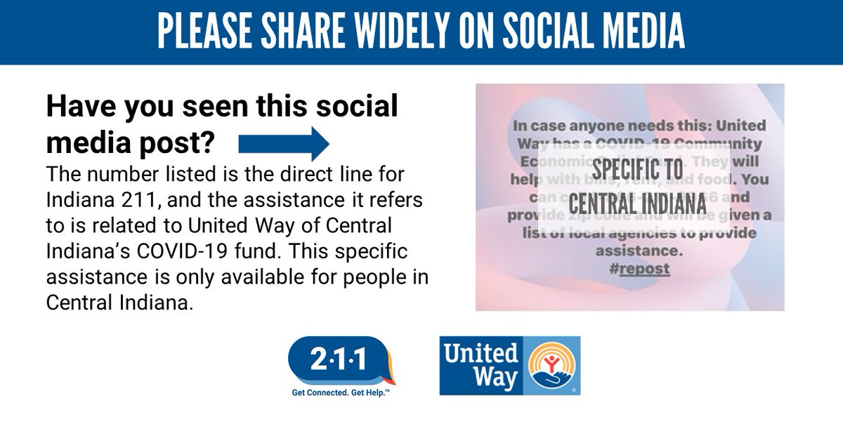 We are aware this post has gone viral on social media and believe it was started by an individual who wanted to share it with good intentions. The Indiana 211 is aware and is taking steps to mitigate call volume and misinformation, as is United Way Worldwide.