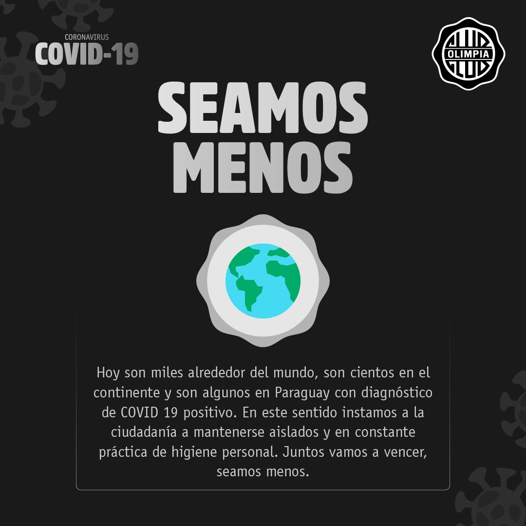 elClubOlimpia's tweet photo. ¡QUEDATE EN TU CASA!

Es fundamental entender que este partido lo vamos a ganar así, desde nuestras casas.
No salgas, seamos menos.

#QuedateEnCasa 🇵🇾 https://t.co/B5O8MqJi7R