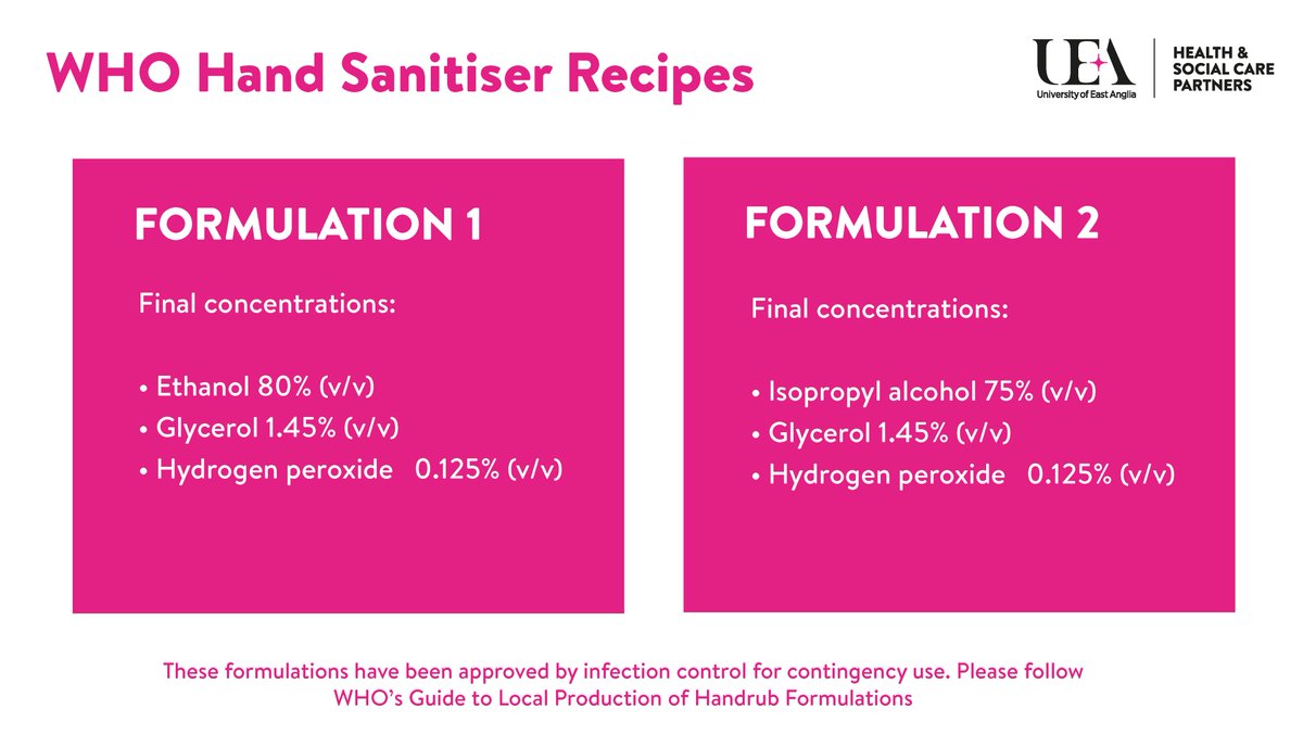 UEAHSCP's tweet image. 🚨FOR CHEMISTS WITH ACCESS TO LABS 🚨
NHS services around the country are struggling to keep up with the need for hand sanitiser. If you can help, here's the formulations you need. Please RT.