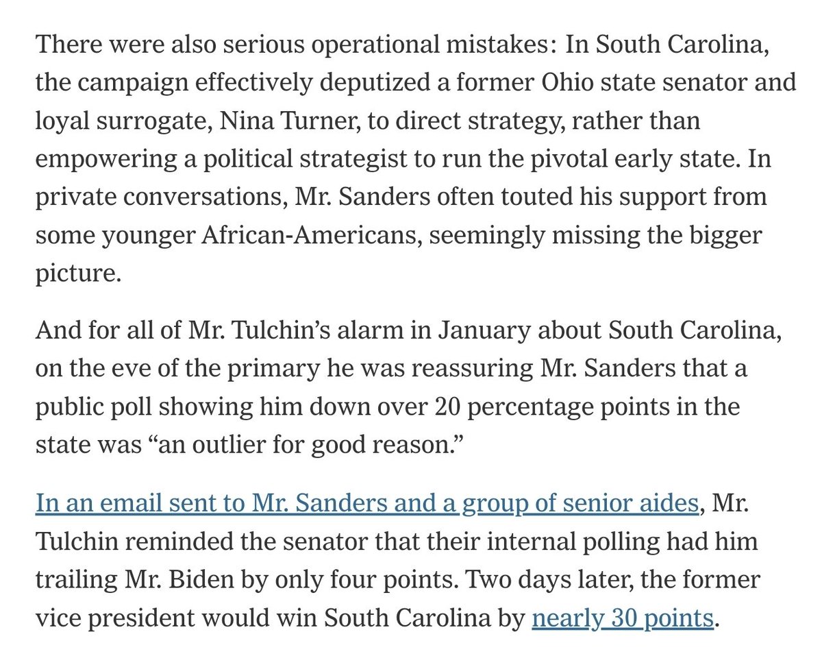 How Bernie Sanders blew it:Zero effort to win Black/older votersPutting Nina Turner in charge of SCHiring bullshit pollsters like Ben TulchinHiring attack dog David Sirota and then punishing Sirota for attacking BidenPissing off allies http://archive.is/urBDM 