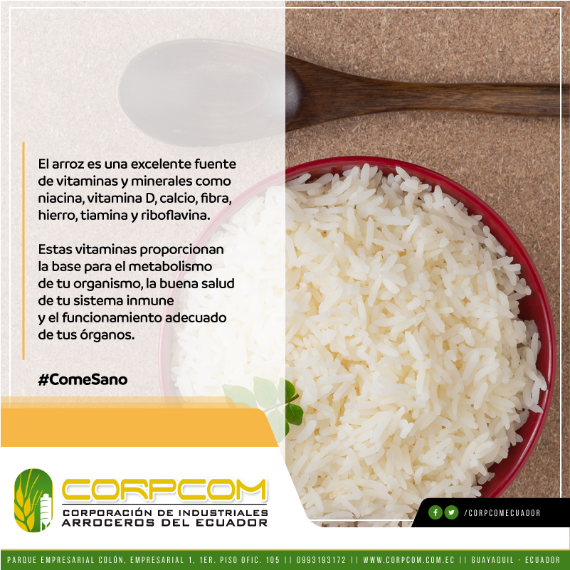 corpcomecuador's tweet photo. El arroz es una excelente fuente de vitaminas y minerales como niacina, vitamina D, calcio, fibra, hierro, tiamina y riboflavina. Estas vitaminas proporcionan la base para el metabolismo de tu organismo y la buena salud de tu sistema inmune.
#ComeSano #ComeArroz #Arroz https://t.co/FNQKxe8HvA