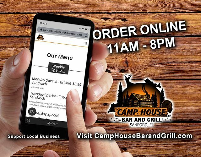Getting hungry?  Bring the good taste of country home with PICK-UP or DELIVERY. For PICK-UP: call 407-915-5401 or order online at CampHouseBarandGrill.com. For DELIVERY: order through DoorDash. We’re OPEN between 11am and 8pm. Order NOW! Visit CampHouseBarandGrill.com in Sanford…