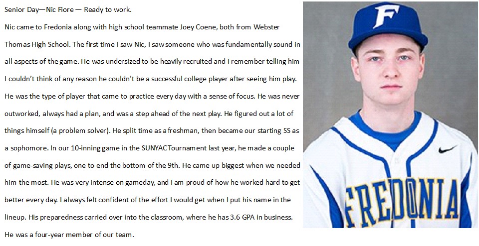 FredSt_Baseball's tweet photo. Senior Day - Nic Fiore - @NicFiore The man with a plan. https://t.co/HVC1FEw0NB