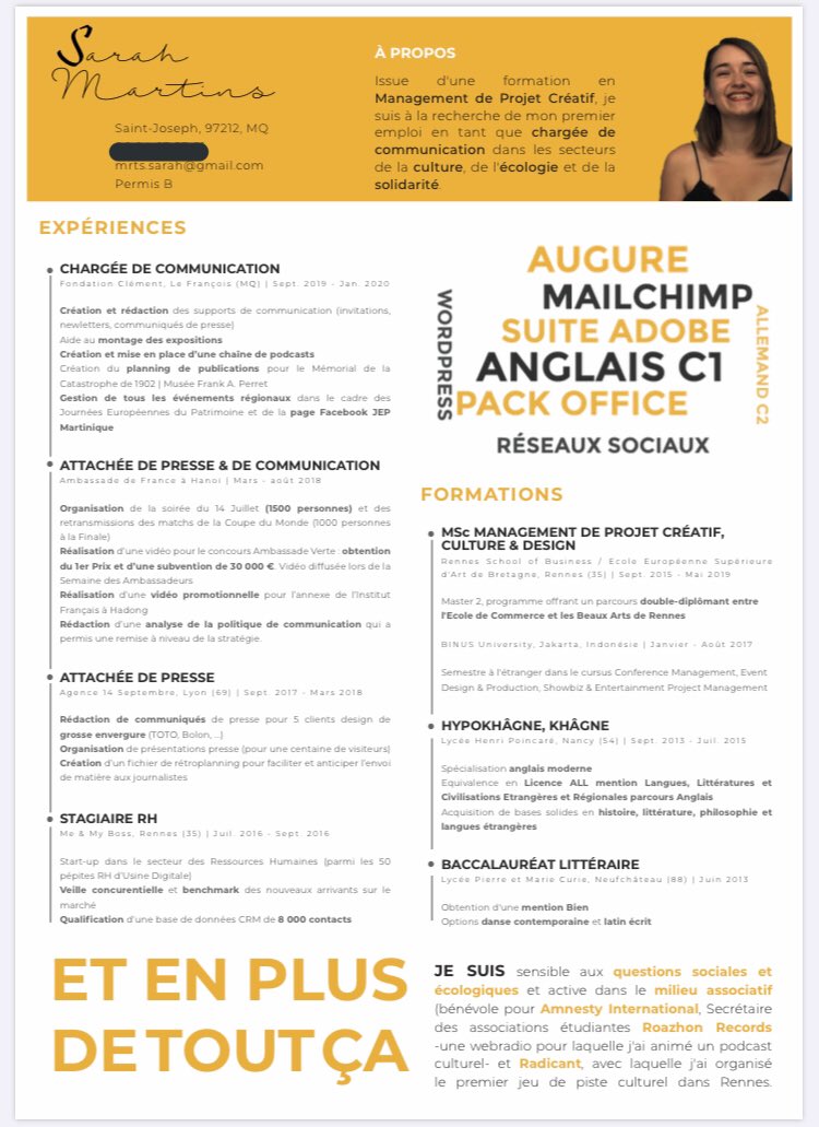 rockthatbaby's tweet photo. Chers followers confinés, 

Je suis à la recherche d’un #emploi dans la communication, toujours en #Martinique, dans les secteurs de la #culture, de l’#écologie et/ou de la #solidarité. 

https://t.co/U1SJ44GO59 CV en full qualité que vous pouvez #rt à foison

La bise 💘 https://t.co/1rNETii0sr