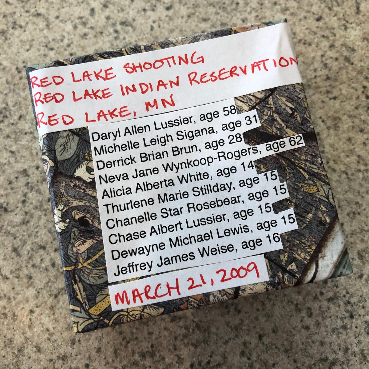 SoulBoxProject's tweet photo. Today in 2005 was a tragic day in #RedLakeMN. A 16-year-old stole his grandfather's police weapons & went on a shooting spree - killing 10 (including himself), wounding 5 more. Today we remember those injured or killed in this horrific event.
#EndGunViolence #SoulBoxProject https://t.co/N6qXG1Kikn