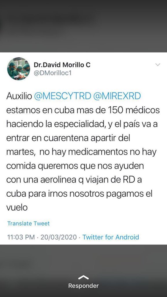 YudeIkyjimenez's tweet photo. Médicos en CUBA piden auxilio para salir del país al no contar con ningún tipo de protección en él área y alimentos. 

En ese sentido, solicitó ayuda para que nuestros residentes salgan de allí y sean enviados a sus respectivos hogares. @MiguelVargasM @MESCYTRD @DMorilloc1 https://t.co/0WjM1Ow4ps