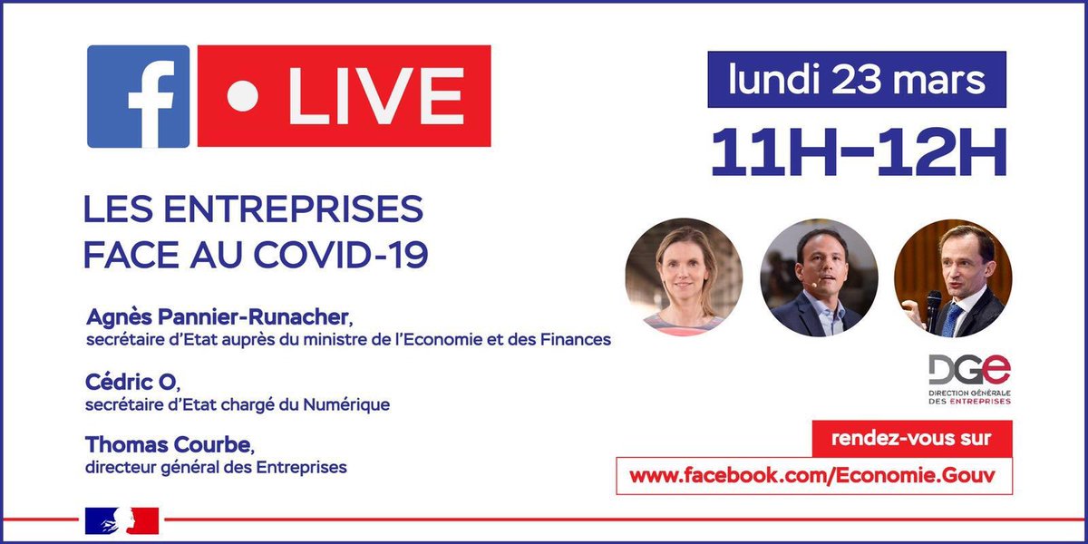 🔴 #COVID19 | <a href="/cedric_o/">Cédric O</a> <a href="/AgnesRunacher/">Agnès Pannier-Runacher 🇫🇷🇪🇺</a> et <a href="/T_Courbe/">Thomas Courbe</a> répondront à vos questions sur les dispositifs mis en place pour aider les entreprises et les salariés face au #coronavirus.
❓Posez vos questions en commentaires
🗓Lundi 23 mars à 11h
👉Rendez-vous : bit.ly/38PzWPC