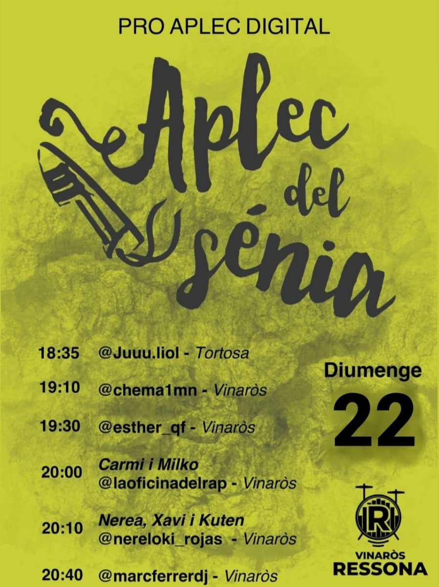 AplecdelSenia's tweet photo. que considerem fonamental a les terres de cruïlla.
D'aquesta manera i amb l'objectiu de crear una reciprocitat essencial entre associacions, artistes i públic presentem el cartell del nostre proaplec digital per Instagram en forma de resposta al confinament. Cuidem-nos! [2] https://t.co/SrA0qBwXUY