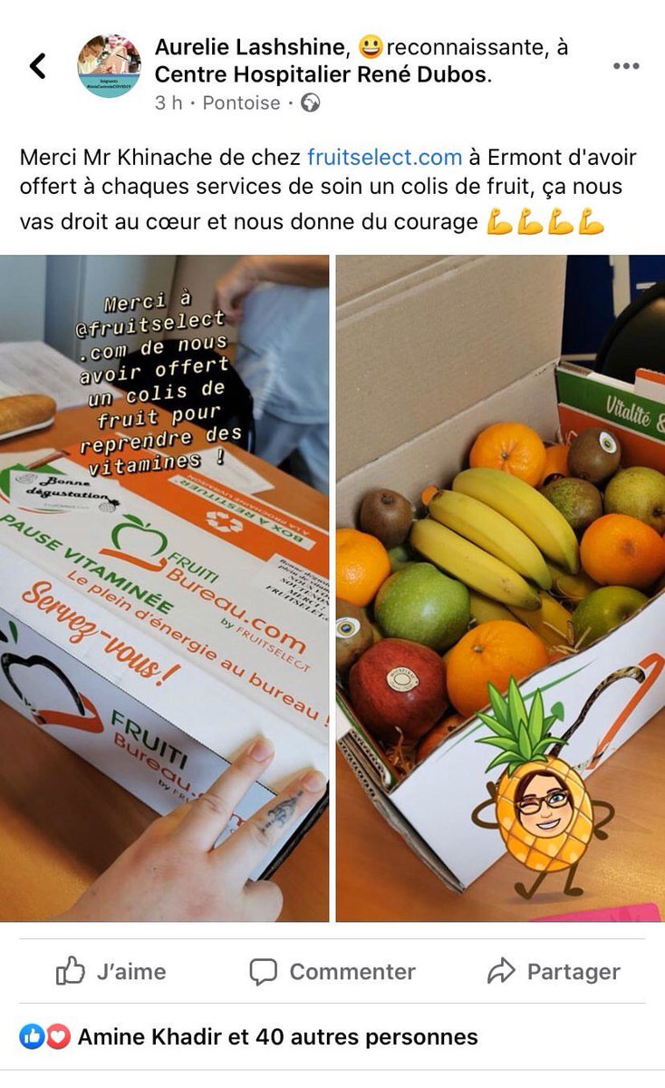 mohamedbouhafsi's tweet photo. Des milliers de français se mobilisent pour le personnel hospitalier comme Monsieur Khinache de @Fruitselect qui a livré ce matin plusieurs kilos de fruits bios et frais à l’hôpital de Pointoise. Bravo à lui. Chaque attention compte ! #RESTEZCHEZVOUS ❤️🙏🏼 https://t.co/pN5IROfD0K