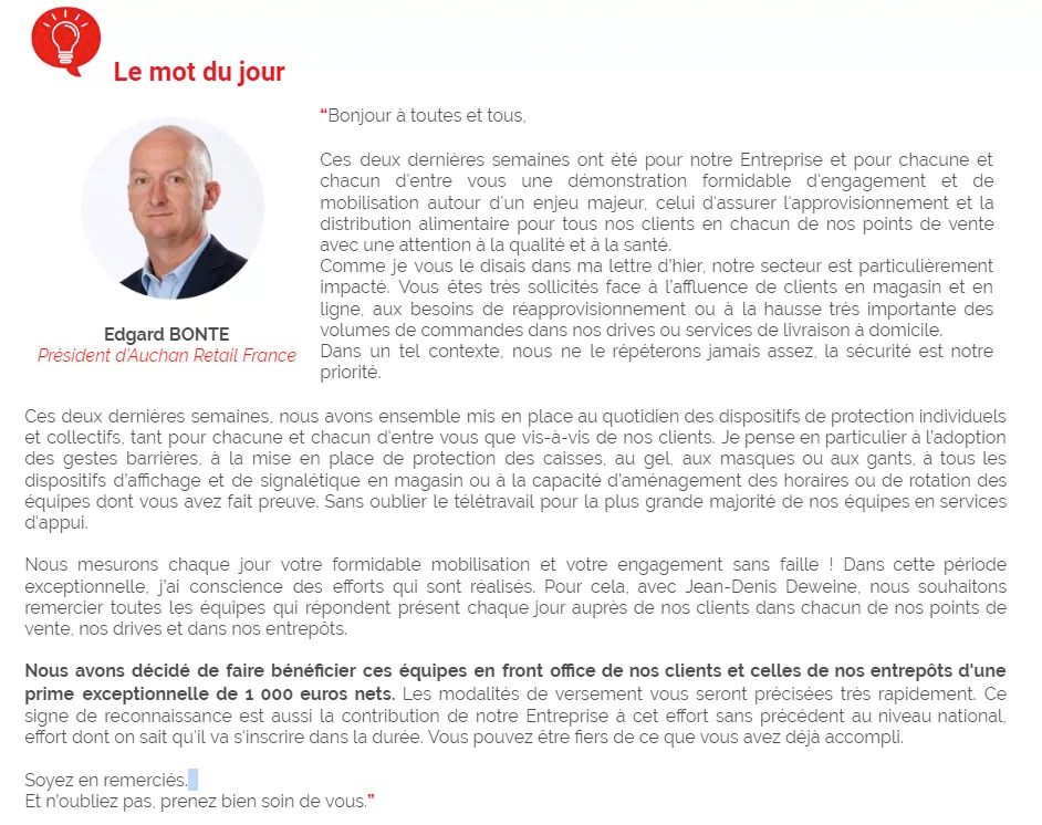 Dauvers70's tweet photo. . @AUCHAN_France accorde la prime "@BrunoLeMaire" de 1 000 €. "Pour les équipes qui répondent présent chaque jour auprès de nos clients, dans chacun de nos points de vente, nos drives et dans nos entrepôts" écrit Edgar Bonte. https://t.co/frAqzgeN59