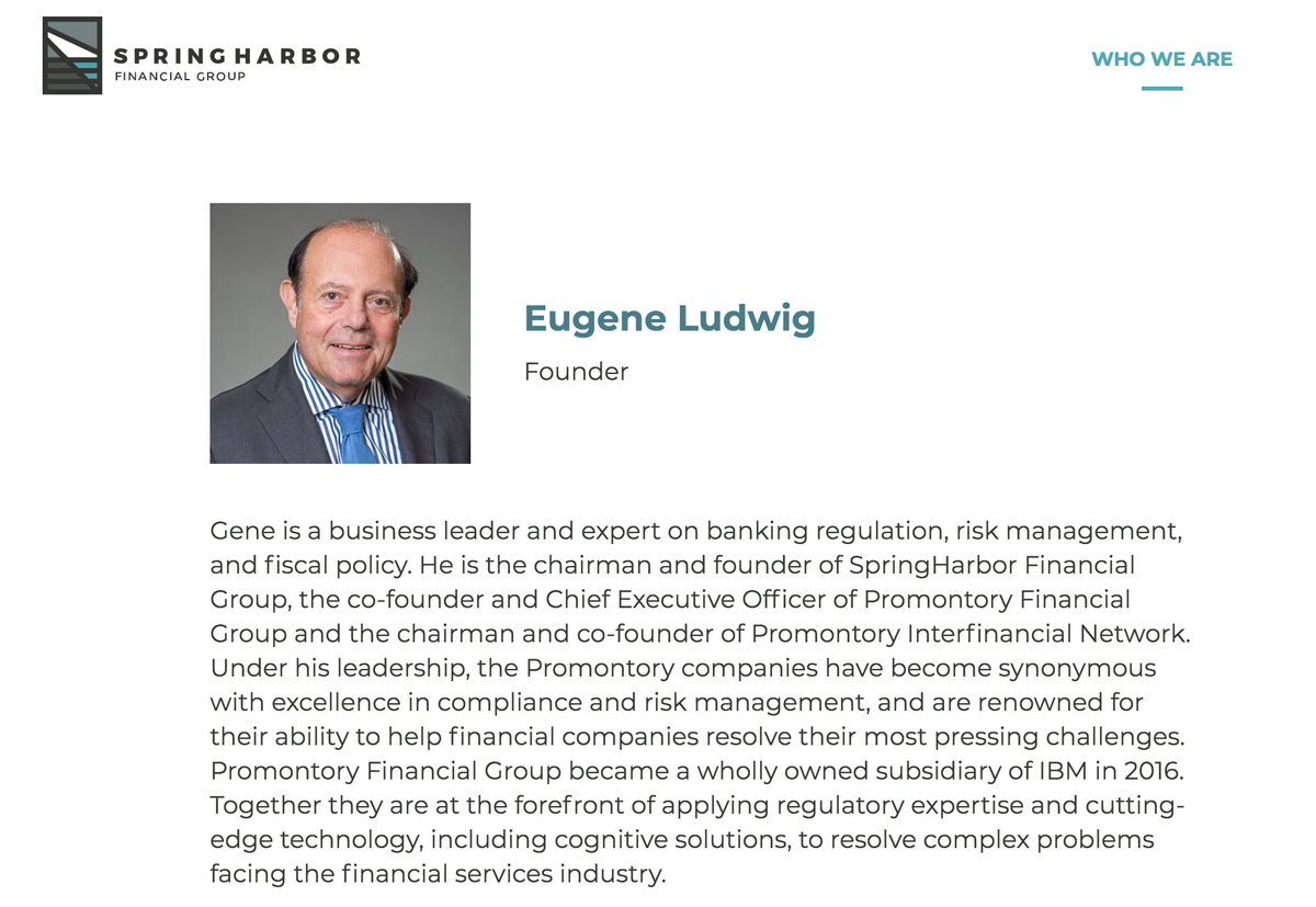 Eugene Ludwig contributed $25,000 to Unite The Country to attack Bernie Sanders. Ludwig is CEO of Promontory Financial Group, which is owned by IBM and co-founder of Promontory Interfinancial Network. He donated over $300,000 to Hillary Victory Fund in 2016.