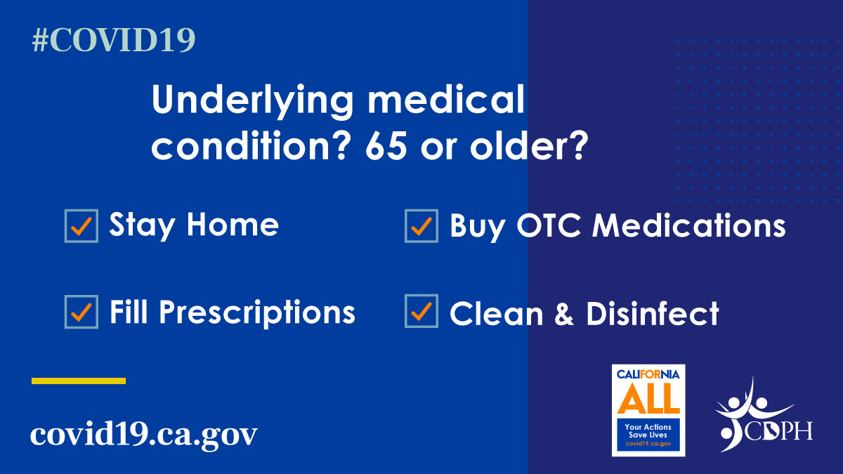 If you are caring for someone who is 65+ or with an underlying condition, it's important that you protect them &amp; yourself by washing your hands, maintaining at least 6 ft of distance when possible, &amp; covering your cough or sneeze.

Learn more: covid19.ca.gov