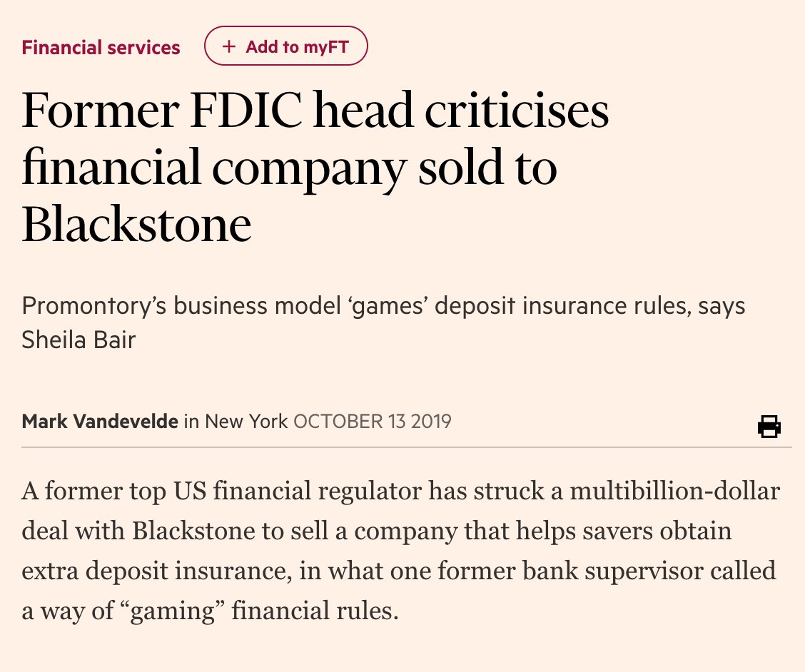 Ludwig sold Promontory Interfinancial Network to the Blackstone Group for $2.5 billion in October 2019. Sheila Bair, former chair of Federal Deposit Insurance Corporation (FDIC), accused Ludwig of "gaming the FDIC rules."  https://www.ft.com/content/cbd76fd4-ec4a-11e9-a240-3b065ef5fc55