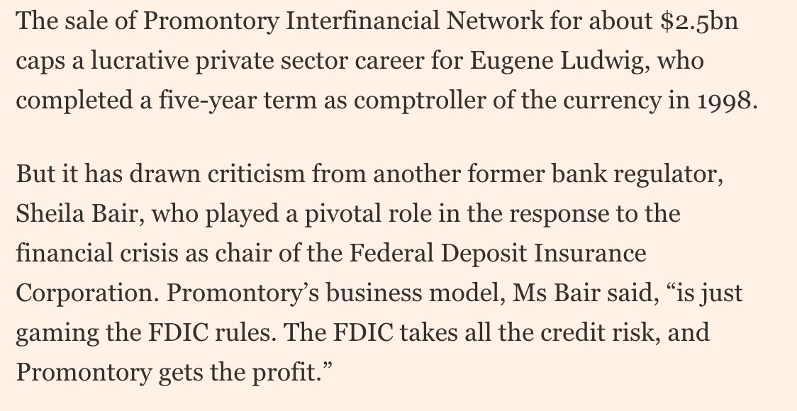 Ludwig sold Promontory Interfinancial Network to the Blackstone Group for $2.5 billion in October 2019. Sheila Bair, former chair of Federal Deposit Insurance Corporation (FDIC), accused Ludwig of "gaming the FDIC rules."  https://www.ft.com/content/cbd76fd4-ec4a-11e9-a240-3b065ef5fc55